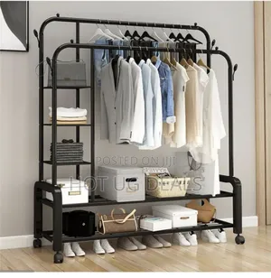 5 Tier Clothes Rack Shelves With 4 Hooks Double Pole