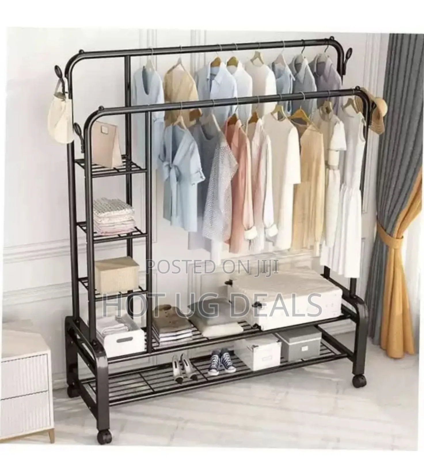 5 Tier Clothes Rack Shelves With 4 Hooks Double Pole