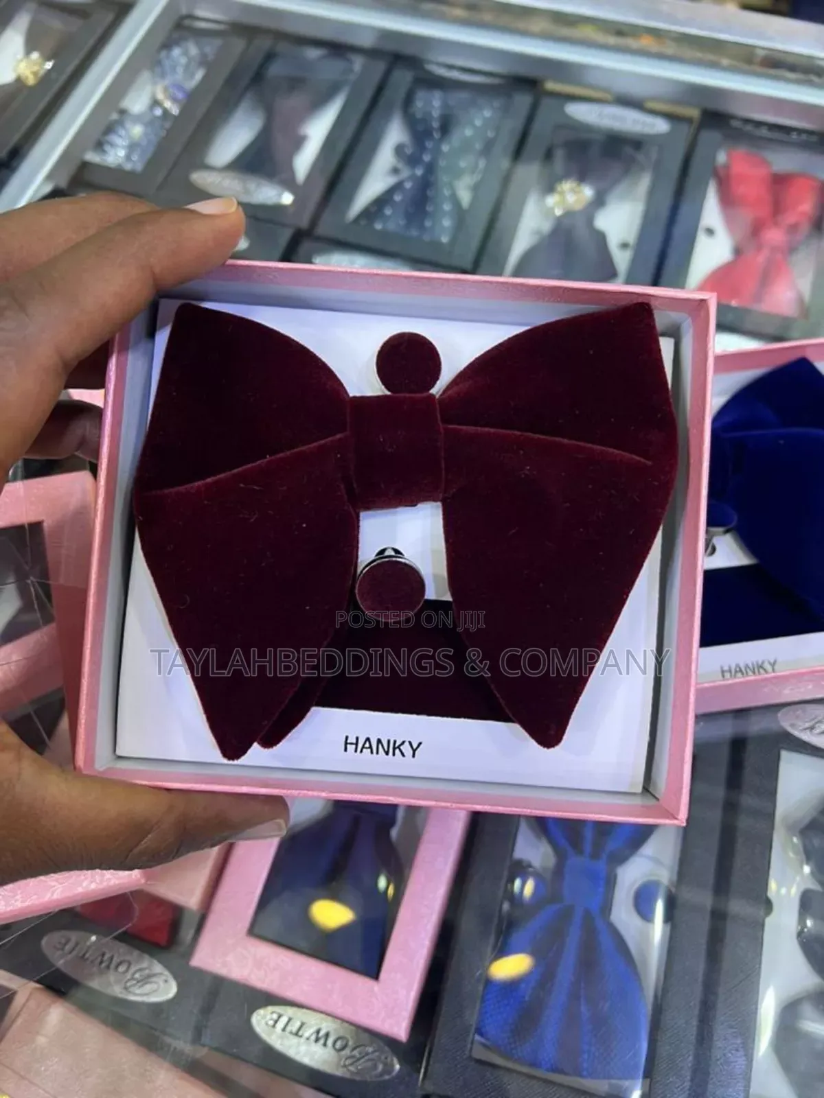Velvet Bowtie With Cufflinks Pocket Square - Wine Colour