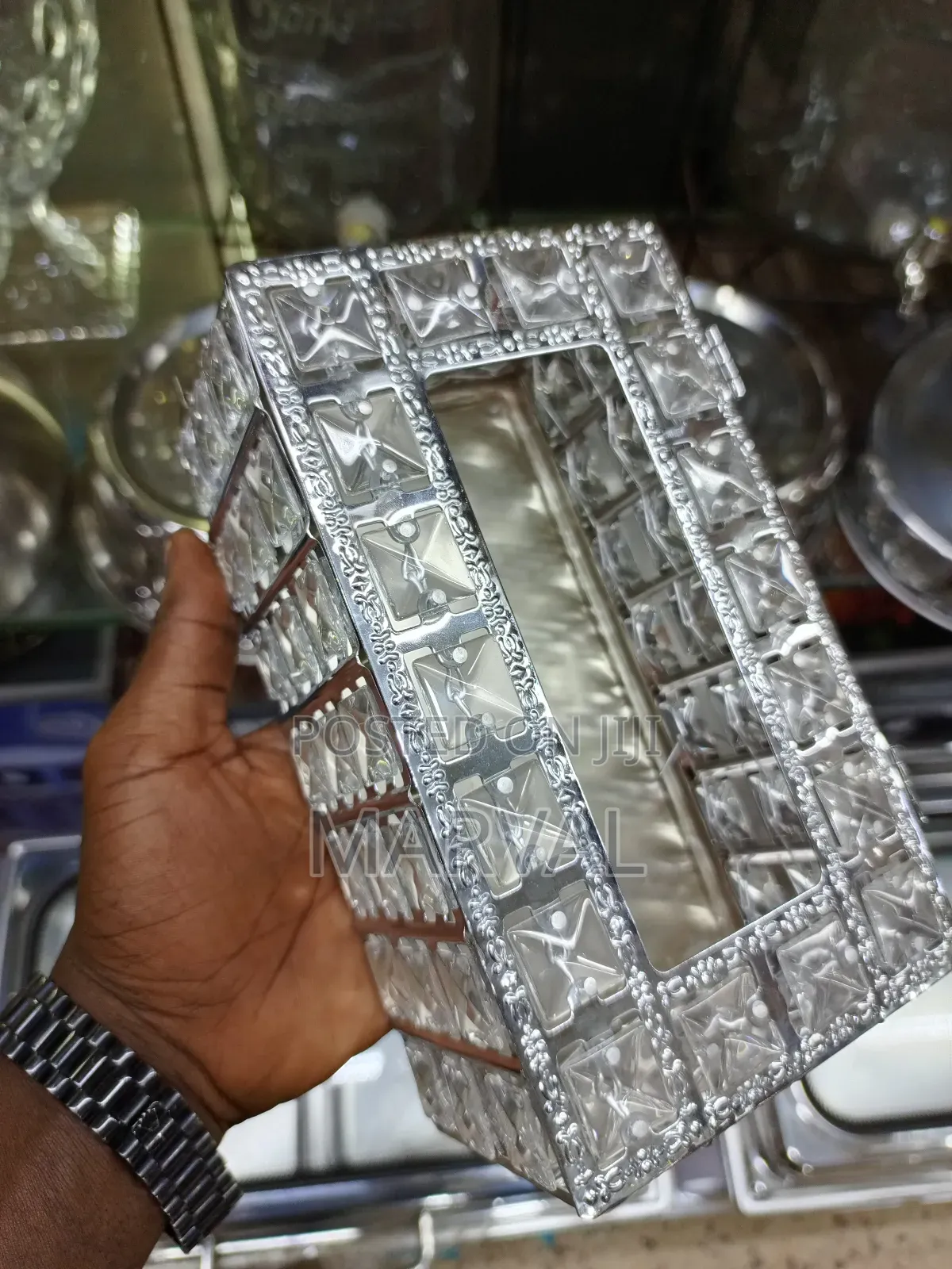 High Quality Rectangular Beaded Metal Silver Tissue Box
