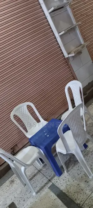 Plastic White Chairs and Blue Table Set