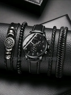 5pcs/Set Men Watch Men's Black Pu Leather Band Quartz Watch