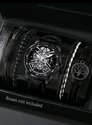 Men Watch 4pcs Set Men's Brown Pu Strap Fashionable Casual
