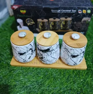 Decor Mable Canisters With a Wooden Base