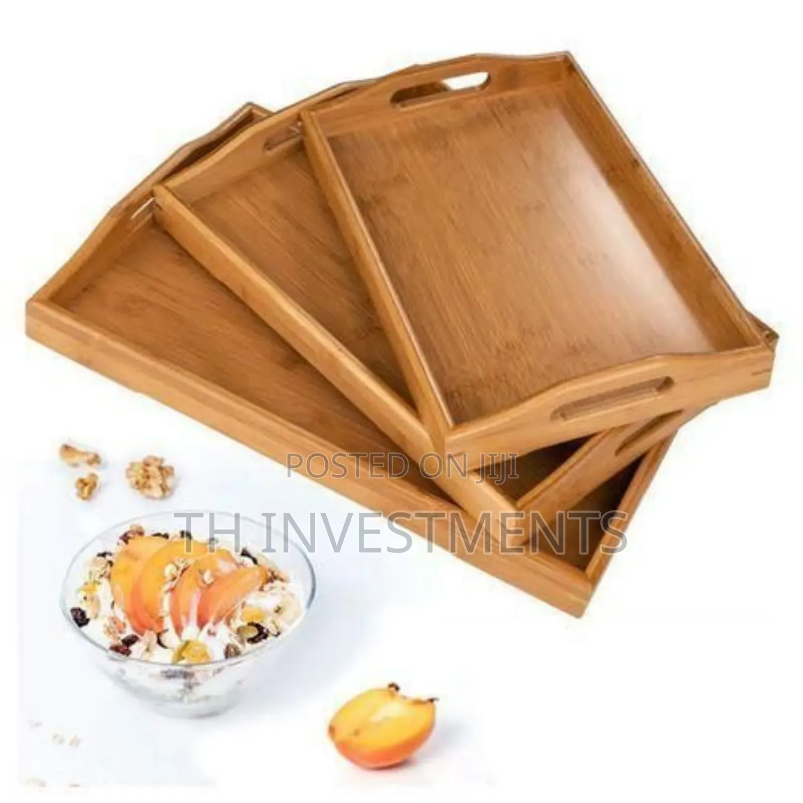 3 Piece Wooden Bamboo Serving Trays Platter - Brown 