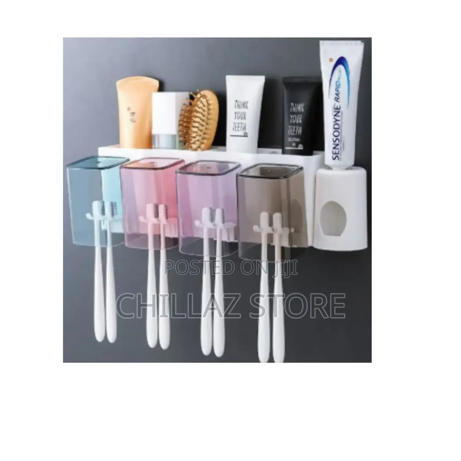Toothbrush Holder and Toothpaste Dispenser.