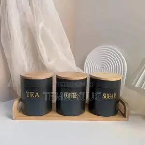 Set of 3 Sugar Coffee Tea Cannisters With Bamboo Tray