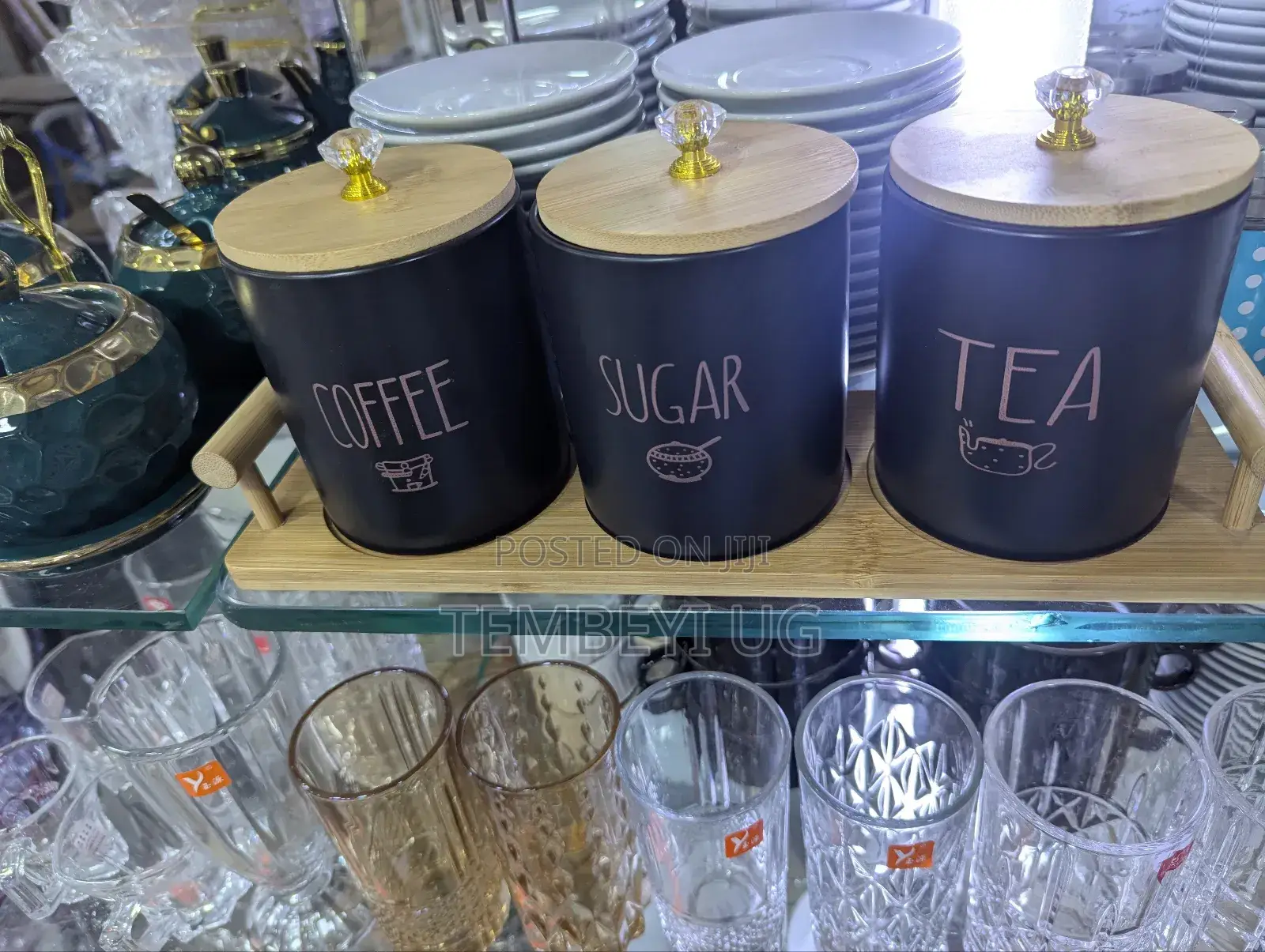 Set of 3 Sugar Coffee Tea Cannisters With Bamboo Tray