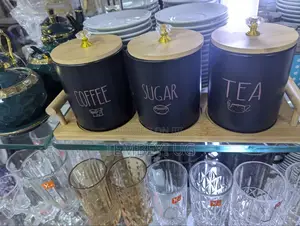 Set of 3 Sugar Coffee Tea Cannisters With Bamboo Tray