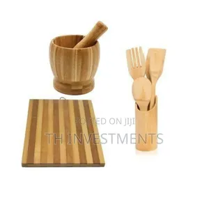 Set of Bamboo Chopboard, Mortar Pestle, Cooking Spoons 