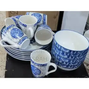 18pcs Set of Blue White Design Dinner Plates, Bowls and Cups