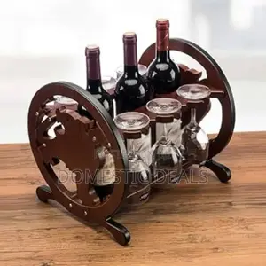 Wooden Wheel Design Wine Bottle and Glass Holder