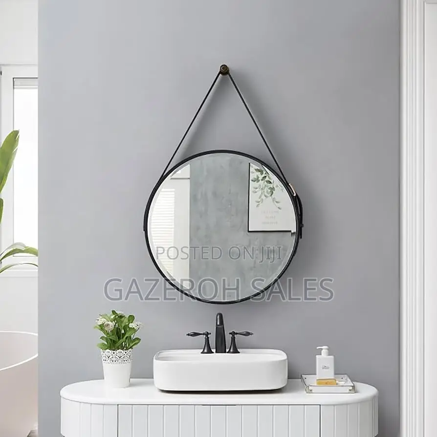 Round Hanging Mirror With Leather Strap