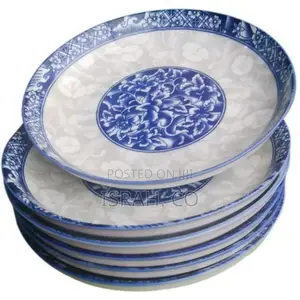 Set of 6 Ceramic Dinner Plates – White Blue