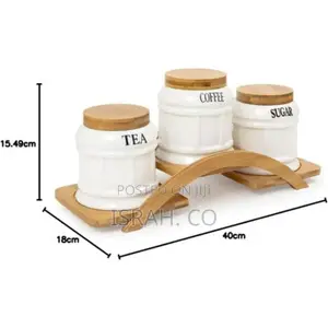 Ceramic Sugar 3 Canisters Set With Wooden Arc Stand Tray