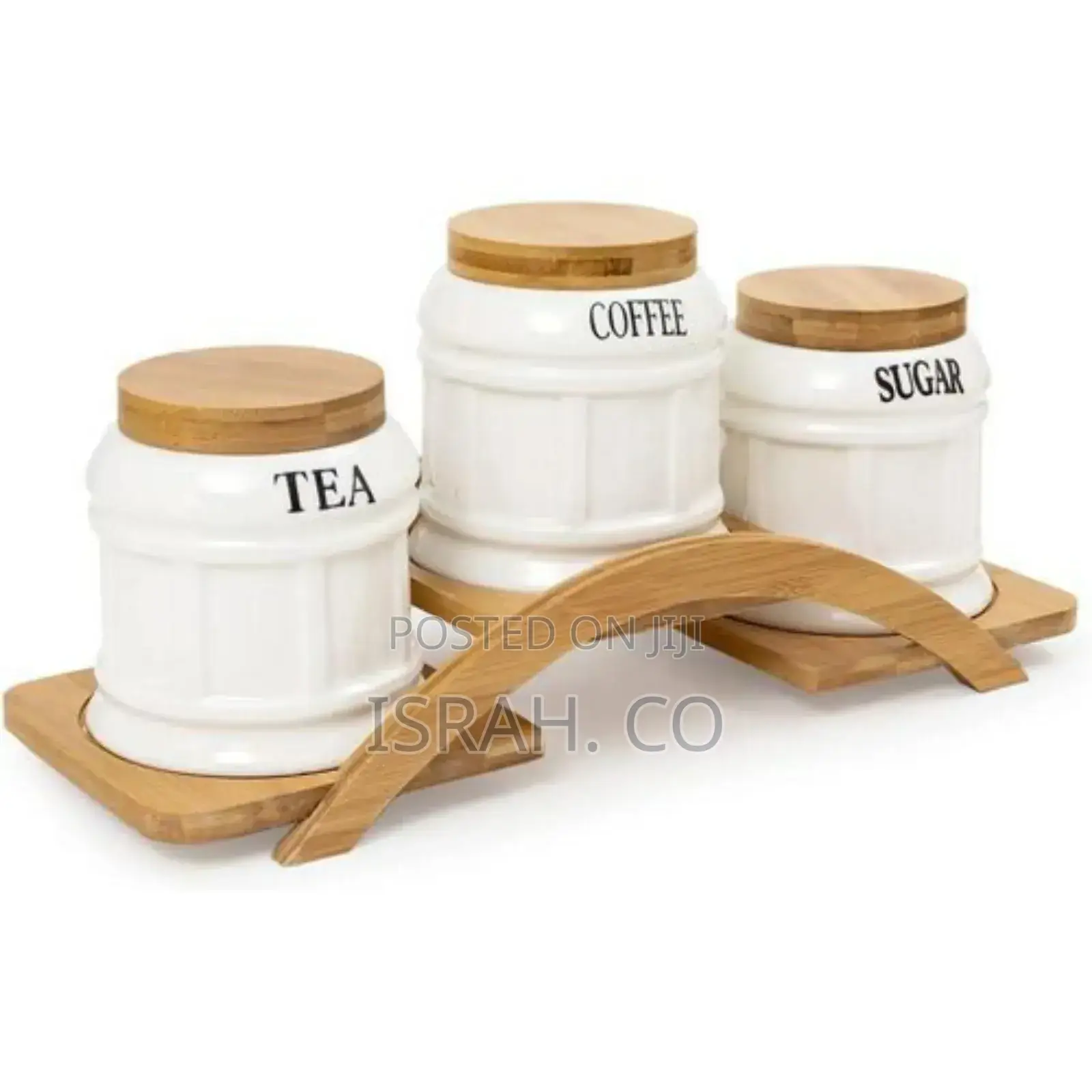 Ceramic Sugar 3 Canisters Set With Wooden Arc Stand Tray
