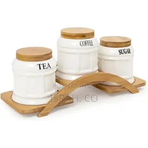 Ceramic Sugar 3 Canisters Set With Wooden Arc Stand Tray