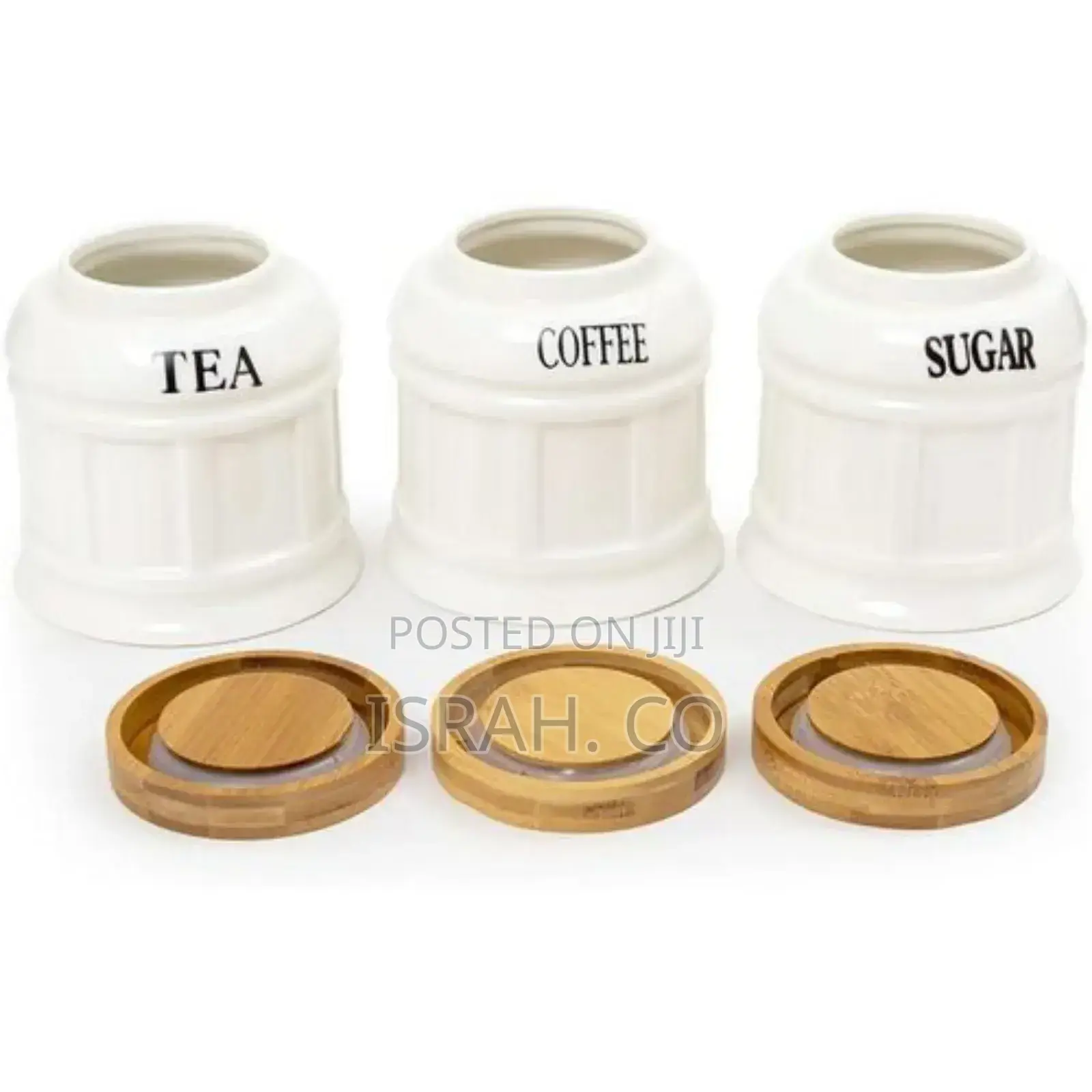Ceramic Sugar 3 Canisters Set With Wooden Arc Stand Tray