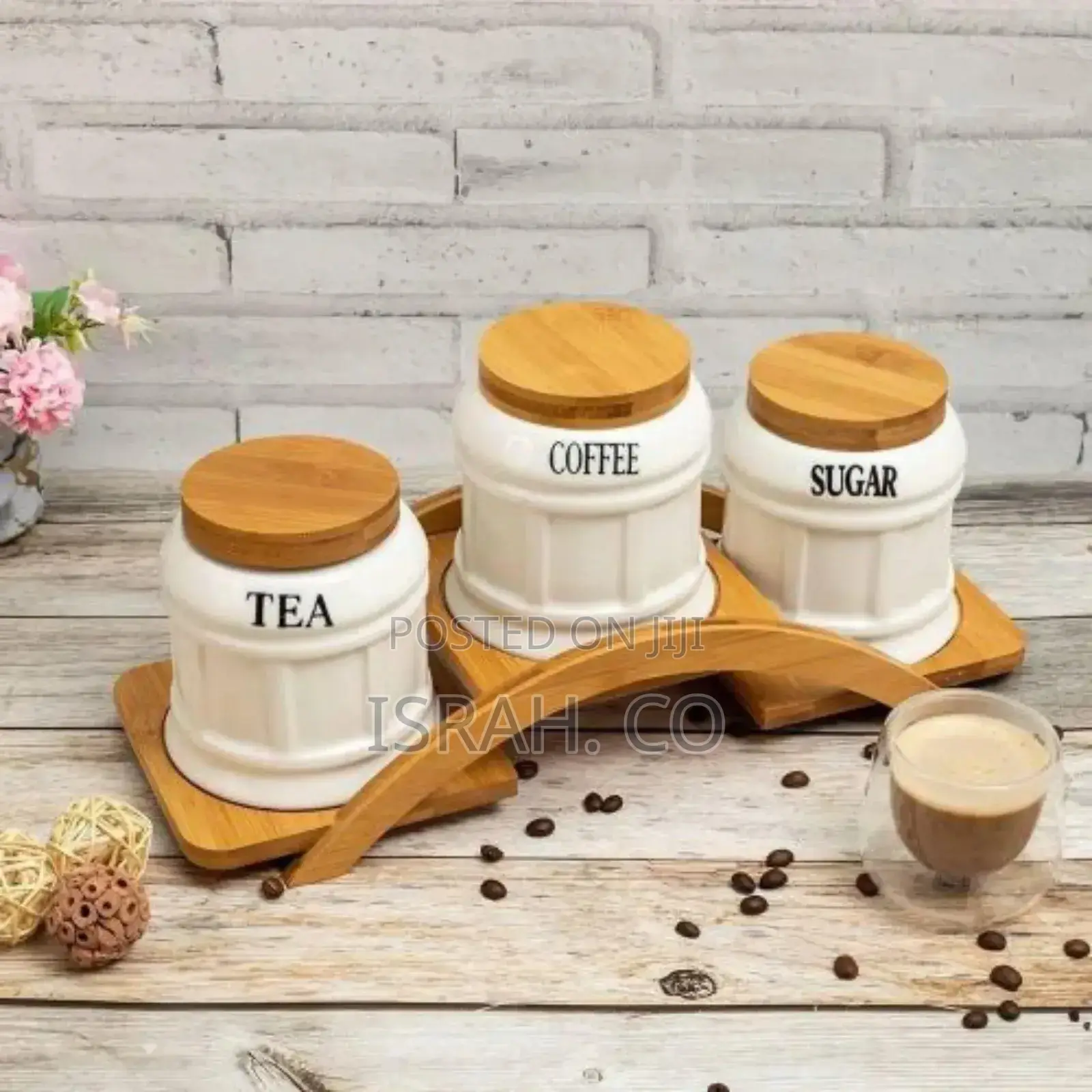 Ceramic Sugar 3 Canisters Set With Wooden Arc Stand Tray