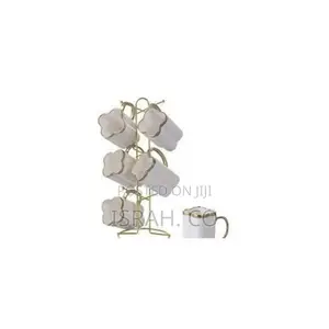 Mugs Set With Golden Handle and Stainless Steel Holder Rack