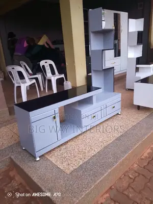 Gray and Black Glass Tv Stand With Shelves