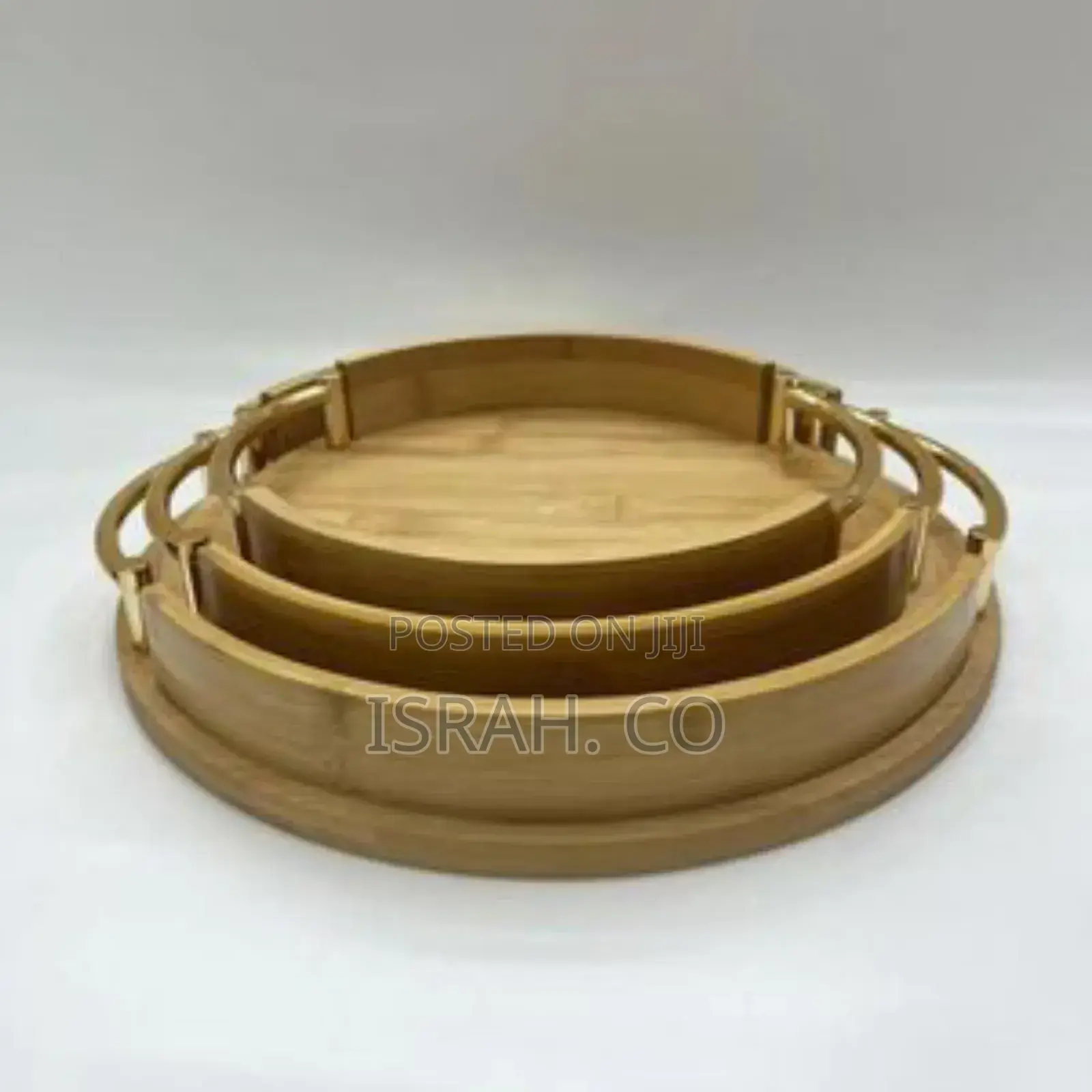 3 Piece Round Fruit Bamboo Serving Tray With Metal Handles