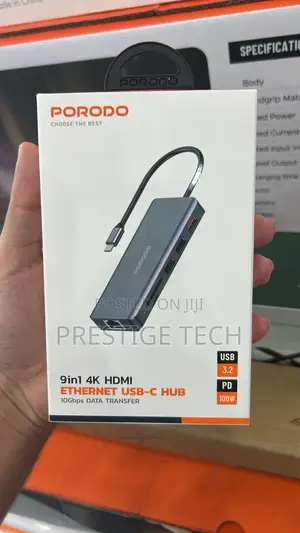 Porodo 9in1 Usb C Hub With Ethernet, Hdmi 100w / Type C Hub