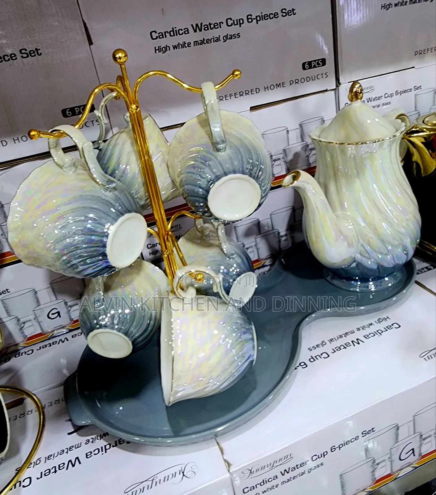 Teapot Set With Metal Holder, Ceramic Cups and Tray