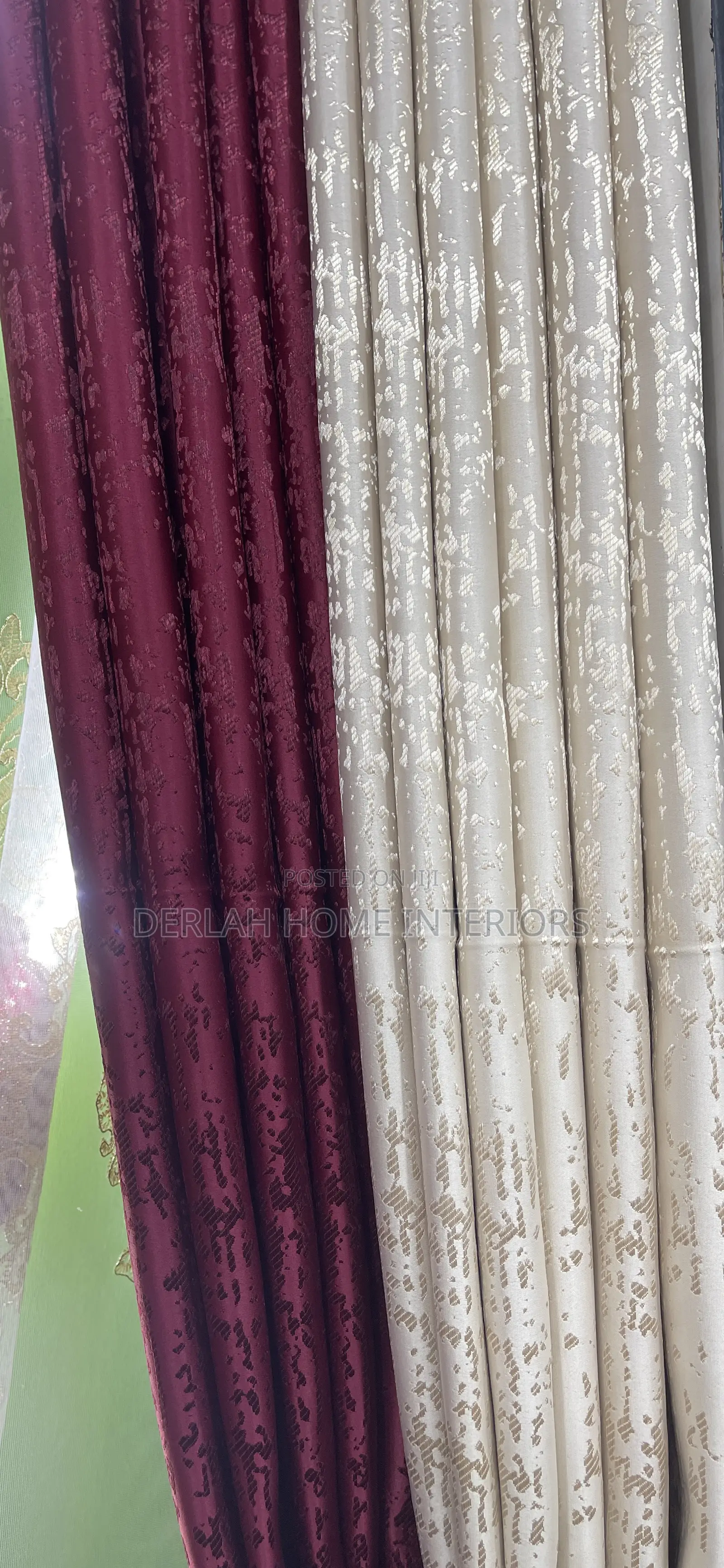 Heavy Curtain Fabric in Maroon and Cream