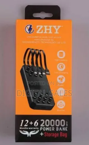 Zhy 20,000mah Power Bank With Four Useful Cables and 2 Ports