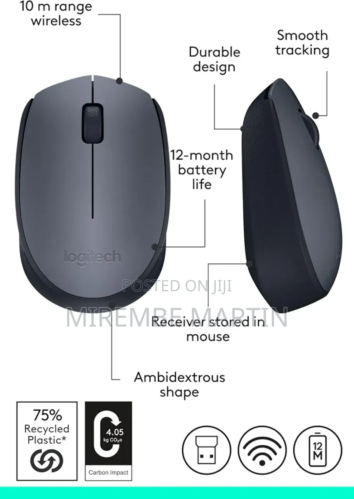 Logitech M170 Wireless Mouse, 2.4 GHZ - Grey/Black