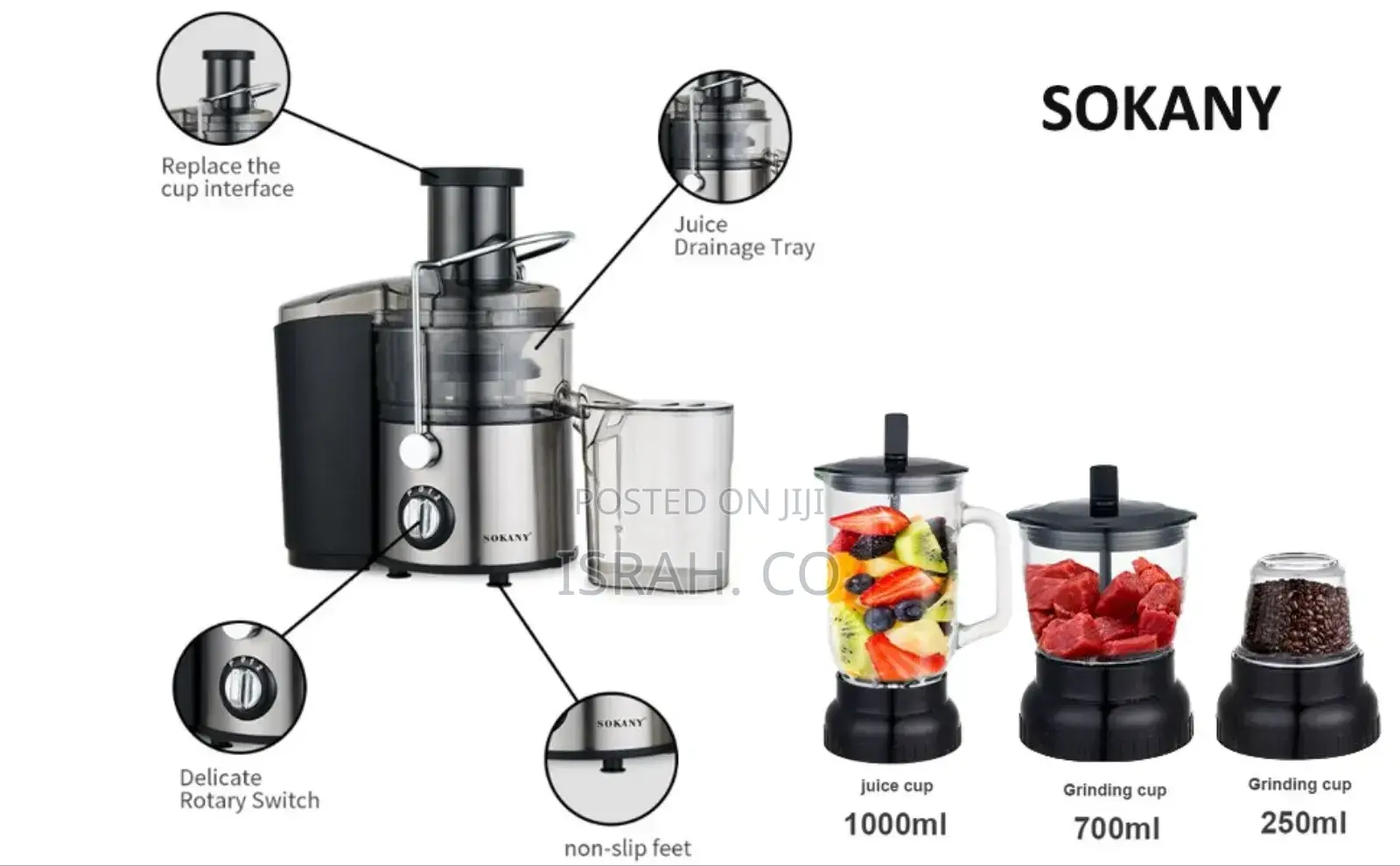 Sokany 800w Juicer 2-Speed+ Pulse 4 in 1 Juice Extractor