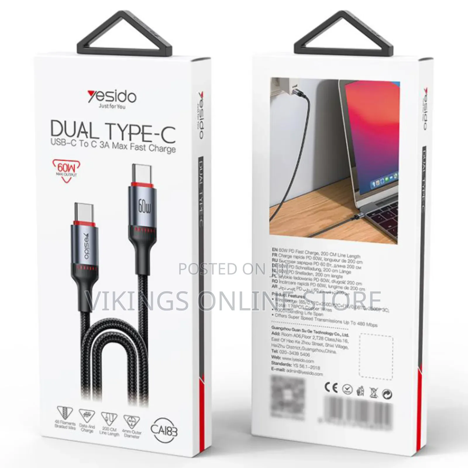 Yesido Ca183 Pd60w 3a Usb-C / Type-C to Usb-C / Type-C: 2m
