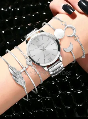 1pc Round Pointer Quartz Watch 5pcs Moon Feather Detail
