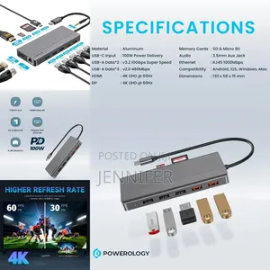 Powerology 13in1 Usb-C Hub Hdmi Type-C 100w Pd