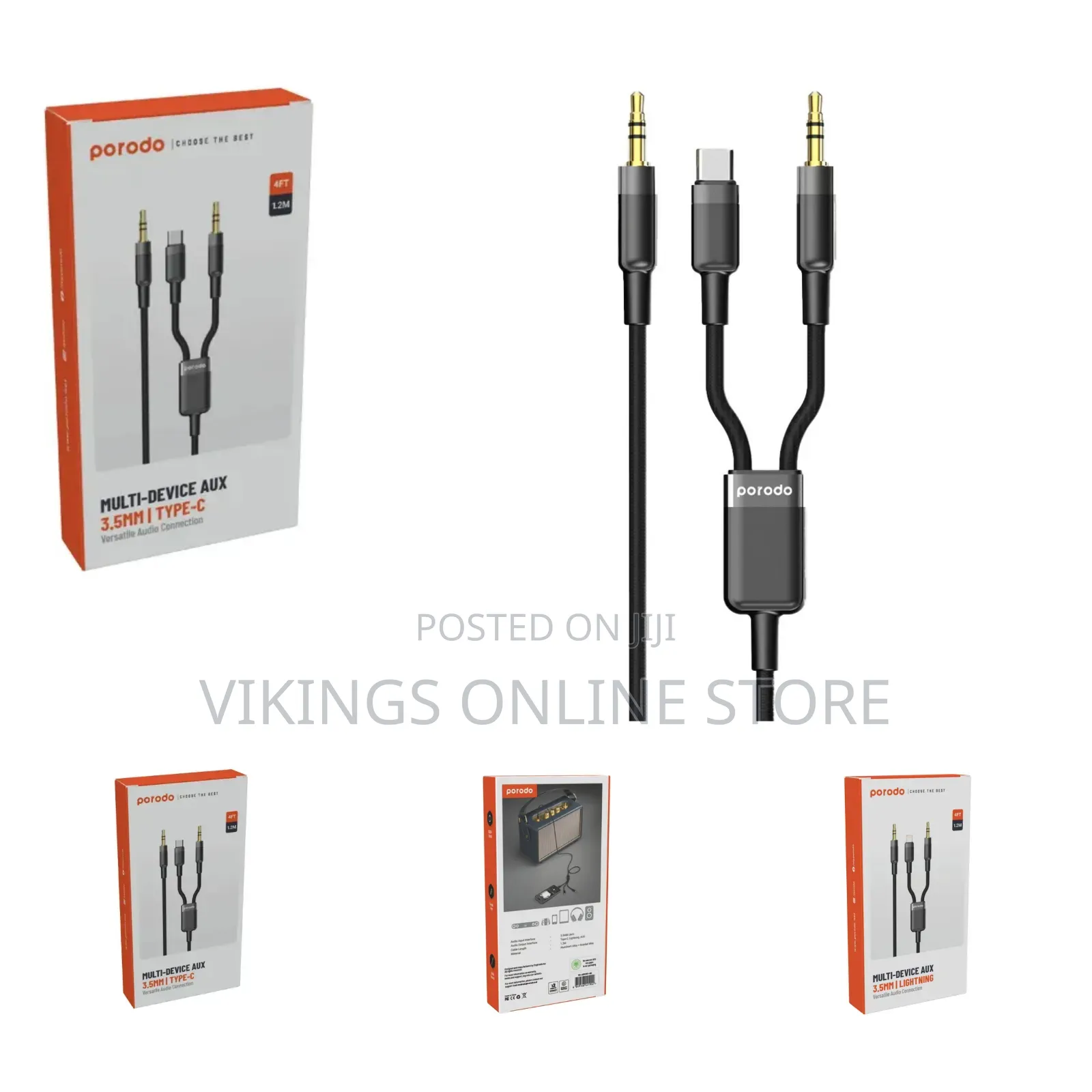 Porodo Multi-Device Aux 3.5mm Lightning Cable,1.2m - Black