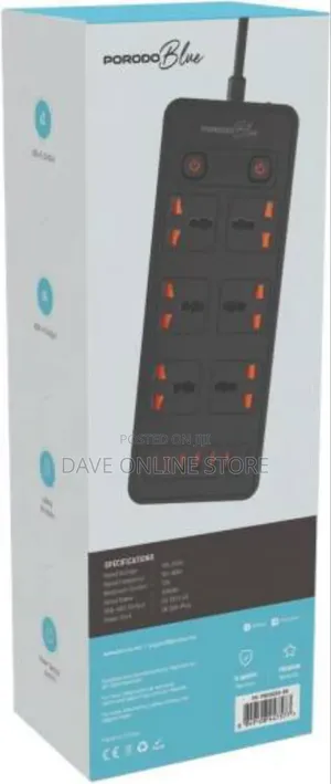 Porodo Blue Universal 6 Ac Power Socket 3000w, - Black