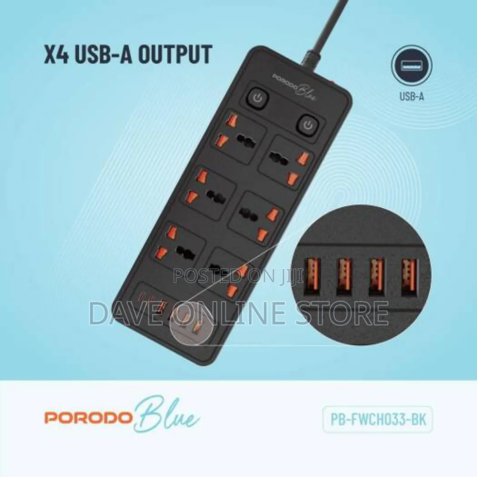 Porodo Blue Universal 6 Ac Power Socket 3000w, - Black