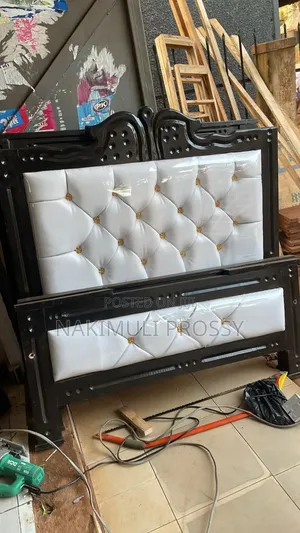 White and Black 4by6 White Leather Bed With Gold Buttons In