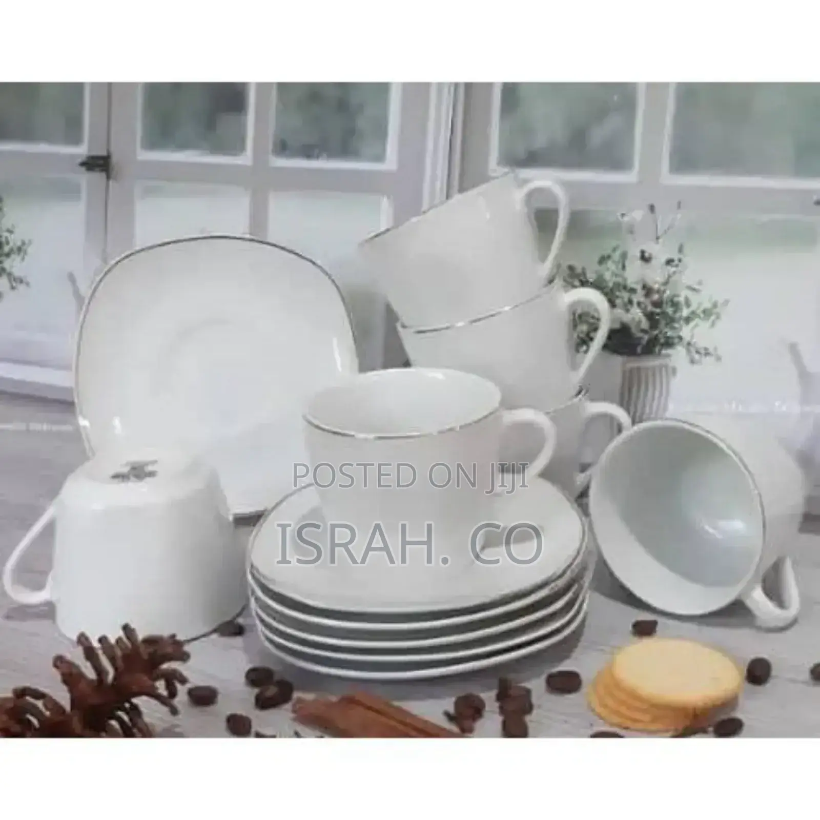 12 Piece Gold Line Diamond Cut White Cups and Saucer