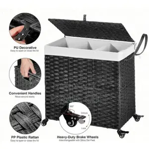 Laundry Basket With Wheels Liner Bag 3section Divided Hamper