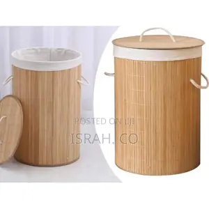 Round Foldable Laundry Basket Natural Bamboo With Lid