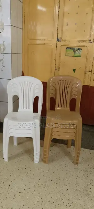 Armless White and Brown Plastic Chairs