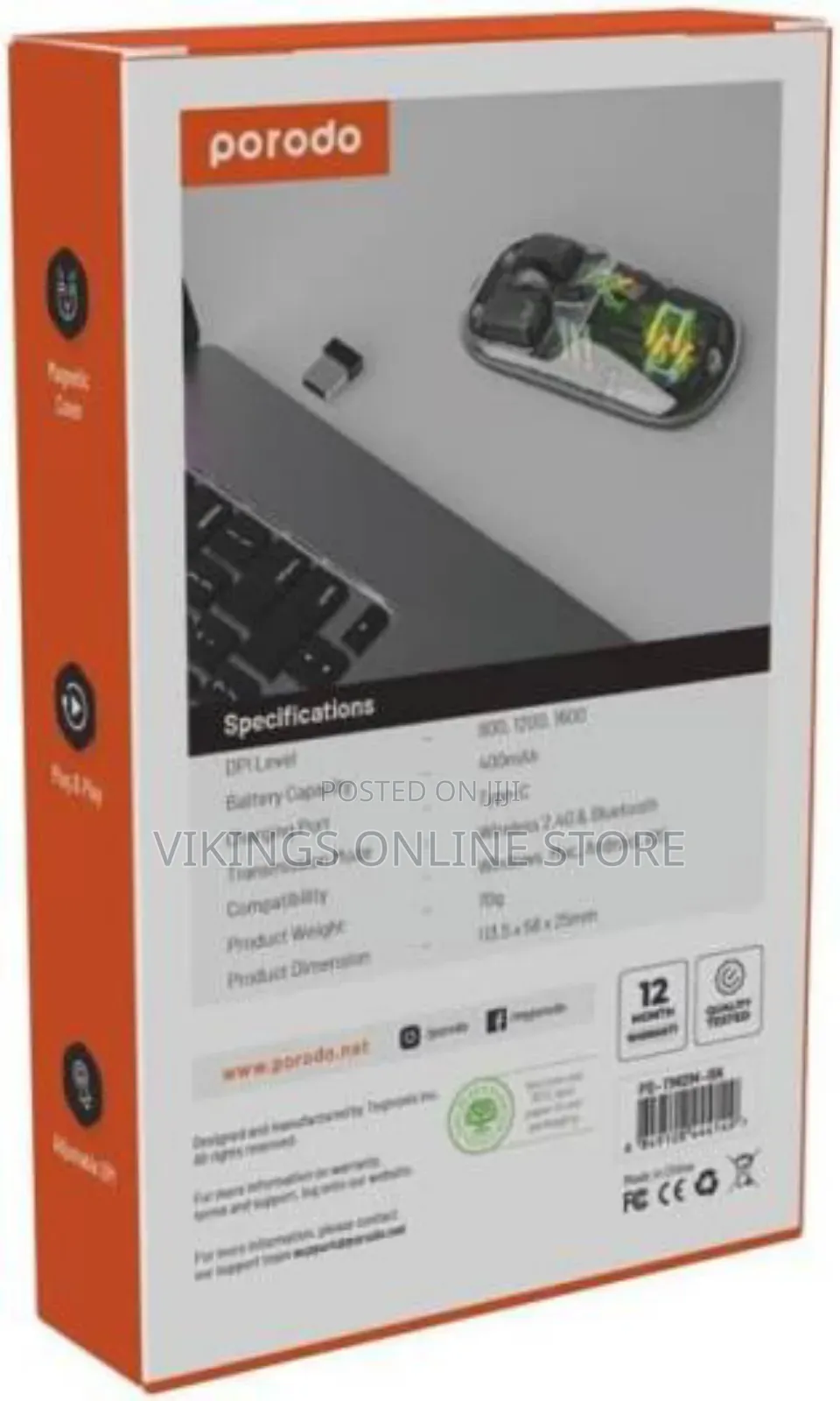 Porodo Wireless Mouse RGB Light, Adjustable Dpi - Black