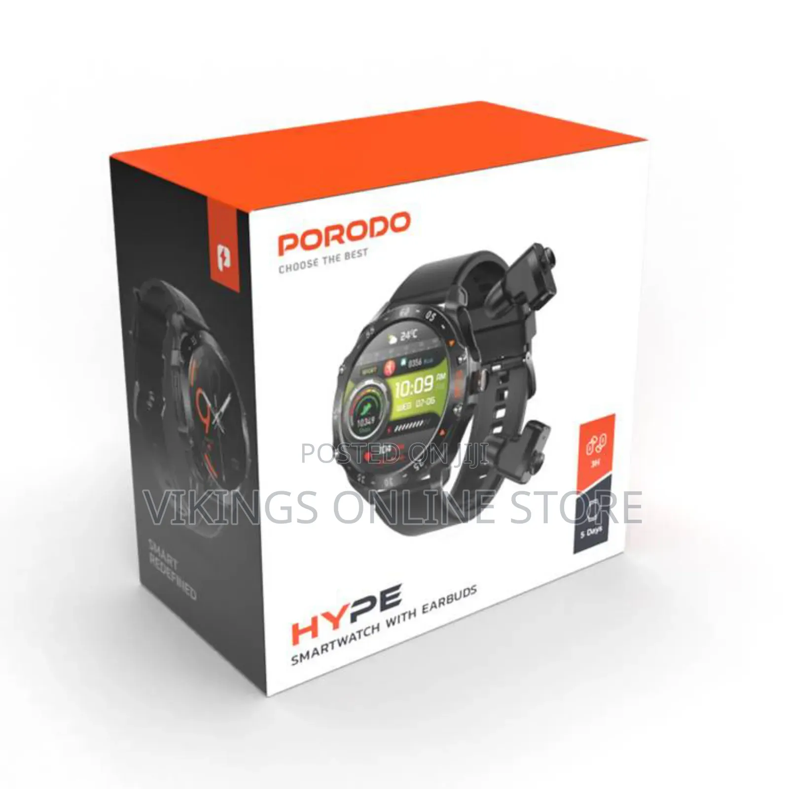 Porodo Hype Smart Watch With Wireless Earbuds and Black