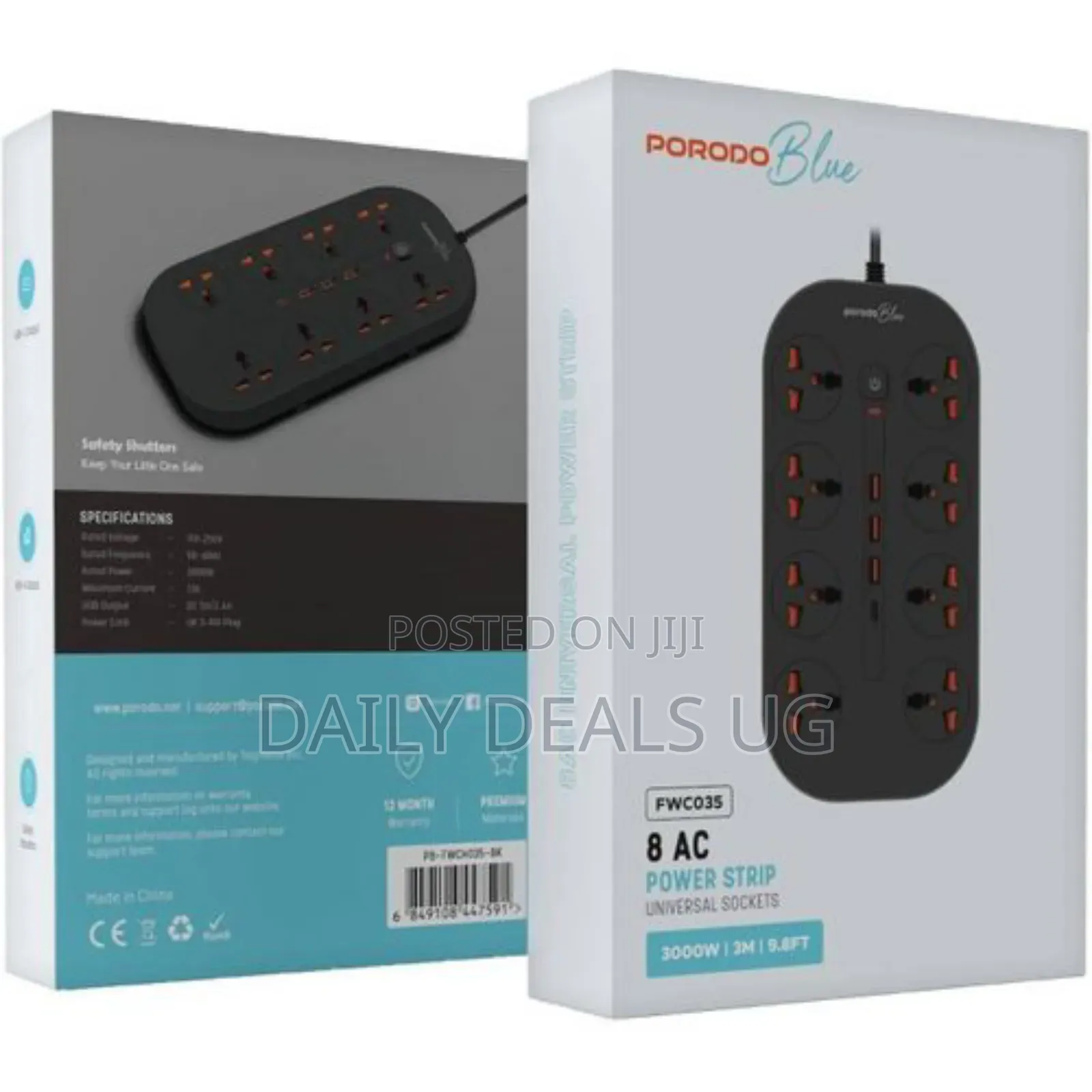 Porodo 8 Ac Power Strip - Black
