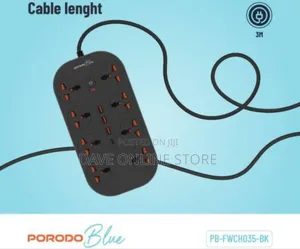 Porodo Blue Universal 8 Ac Power Socket, 1 Usb-C - Black