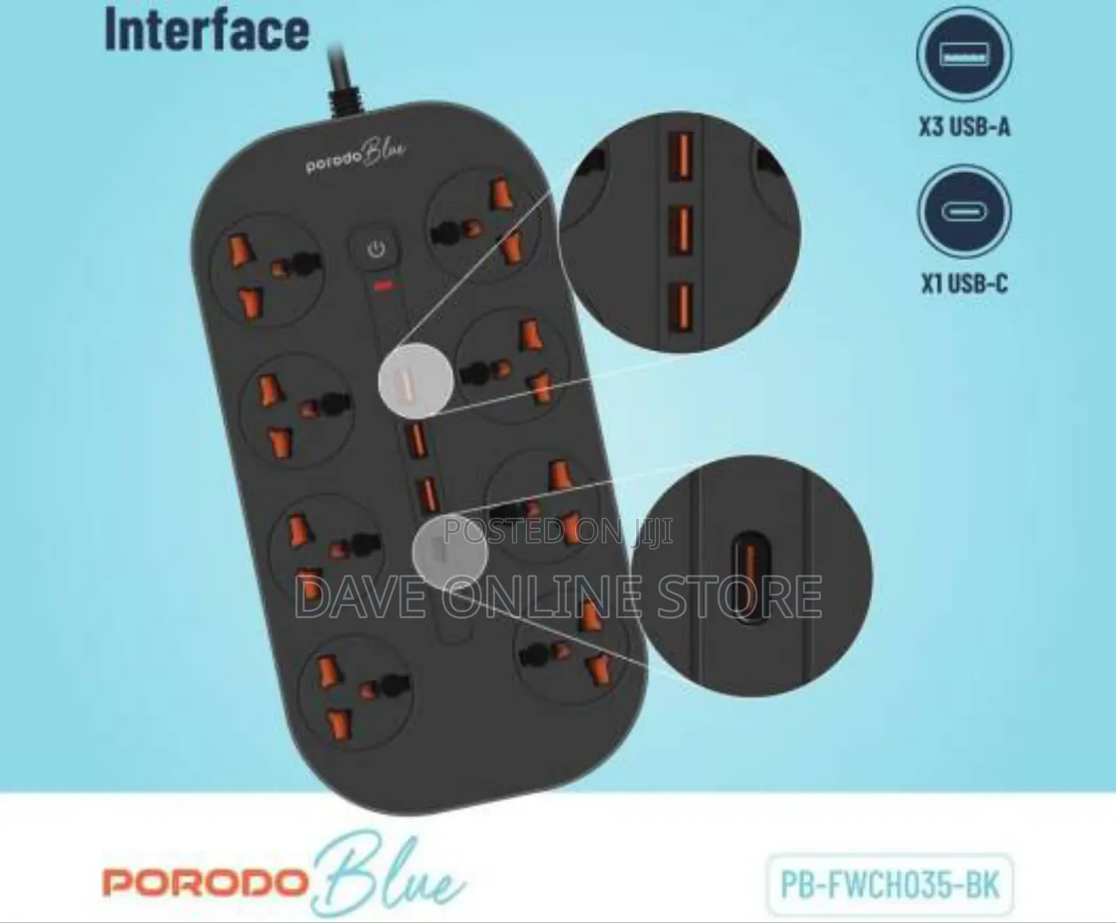 Porodo Blue Universal 8 Ac Power Socket, 1 Usb-C - Black