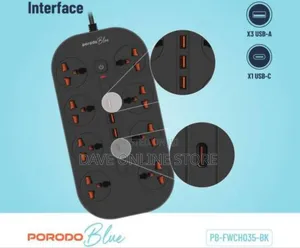 Porodo Blue Universal 8 Ac Power Socket, 1 Usb-C - Black