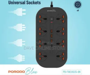 Porodo Blue Universal 8 Ac Power Socket, 1 Usb-C - Black